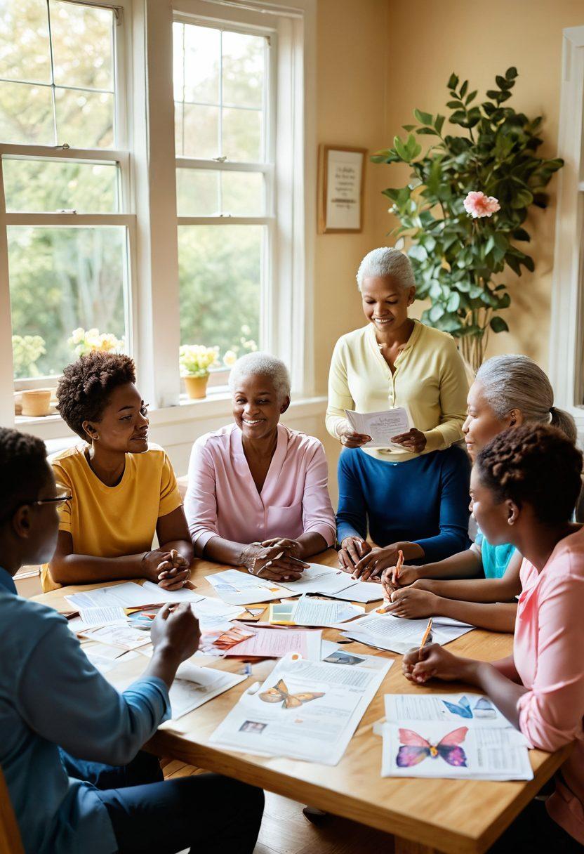 A serene scene depicting a diverse group of people engaged in a community support meeting about cancer awareness, surrounded by educational materials like pamphlets and healthy snacks. Incorporate symbols of hope such as butterflies and flowers, while soft sunlight filters through a window, creating a warm, welcoming atmosphere. Include a mix of ages and backgrounds to emphasize inclusivity in cancer care. vibrant colors. soft focus. natural light.